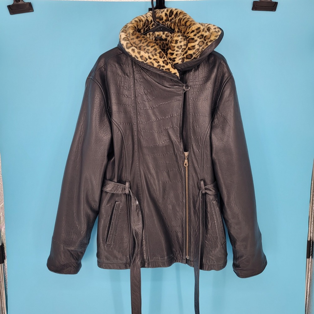 Vintage Wilsons Leather Hooded Jacket Black Leopard Print Lining Belted 90s XL